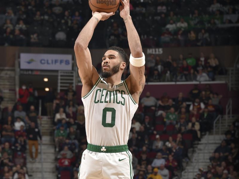 CLEVELAND, OH - MARCH 5: Jayson Tatum #0 of the Boston Celtics shoots the ball during the game against the Cleveland Cavaliers on March 5, 2024 at Rocket Mortgage FieldHouse in Cleveland, Ohio. NOTE TO USER: User expressly acknowledges and agrees that, by downloading and/or using this Photograph, user is consenting to the terms and conditions of the Getty Images License Agreement. Mandatory Copyright Notice: Copyright 2024 NBAE (Photo by David Liam Kyle/NBAE via Getty Images)