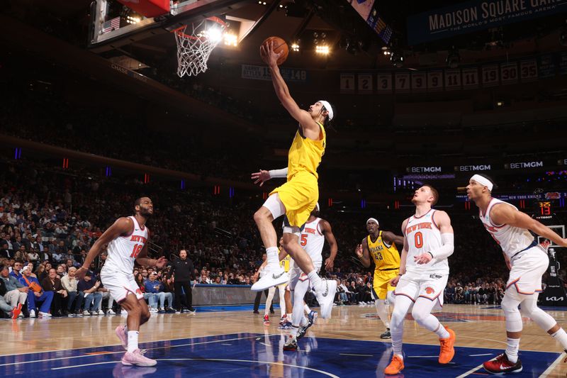 NEW YORK, NY - MAY 19: Andrew Nembhard #2 of the Indiana Pacers drives to the basket during the game against the New York Knicks during Round 2 Game 7 of the 2024 NBA Playoffs on May 19, 2024 at Madison Square Garden in New York City, New York.  NOTE TO USER: User expressly acknowledges and agrees that, by downloading and or using this photograph, User is consenting to the terms and conditions of the Getty Images License Agreement. Mandatory Copyright Notice: Copyright 2024 NBAE  (Photo by Nathaniel S. Butler/NBAE via Getty Images)