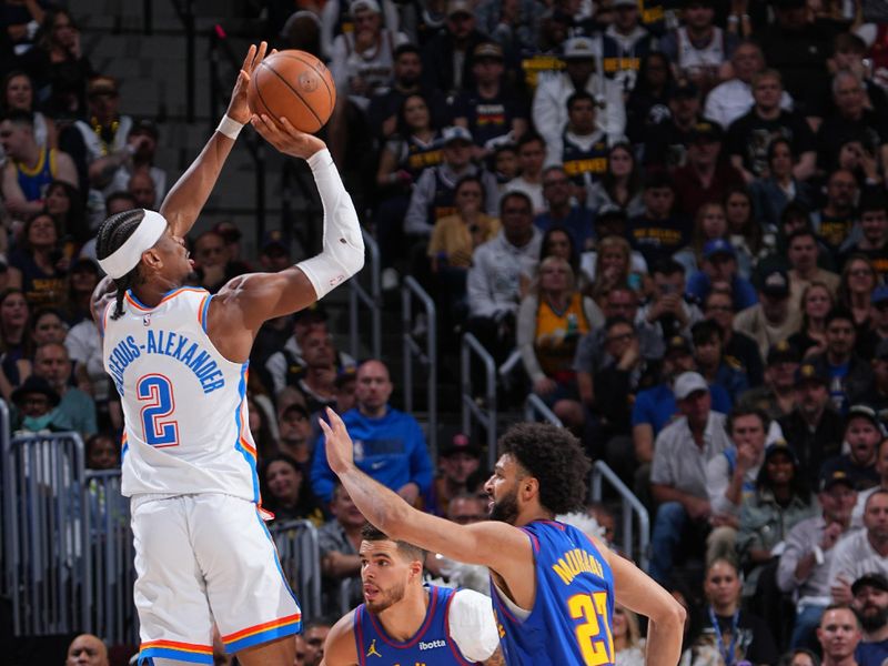 DENVER, CO - MAY 9:   Shai Gilgeous-Alexander #2 of the Oklahoma City Thunder shoots the ball during the game against the Denver Nuggets during Round Two Game Three of the 2025 NBA Playoffs on May 9, 2025 at Ball Arena in Denver, Colorado. NOTE TO USER: User expressly acknowledges and agrees that, by downloading and/or using this Photograph, user is consenting to the terms and conditions of the Getty Images License Agreement. Mandatory Copyright Notice: Copyright 2025 NBAE (Photo by Garrett Ellwood/NBAE via Getty Images)