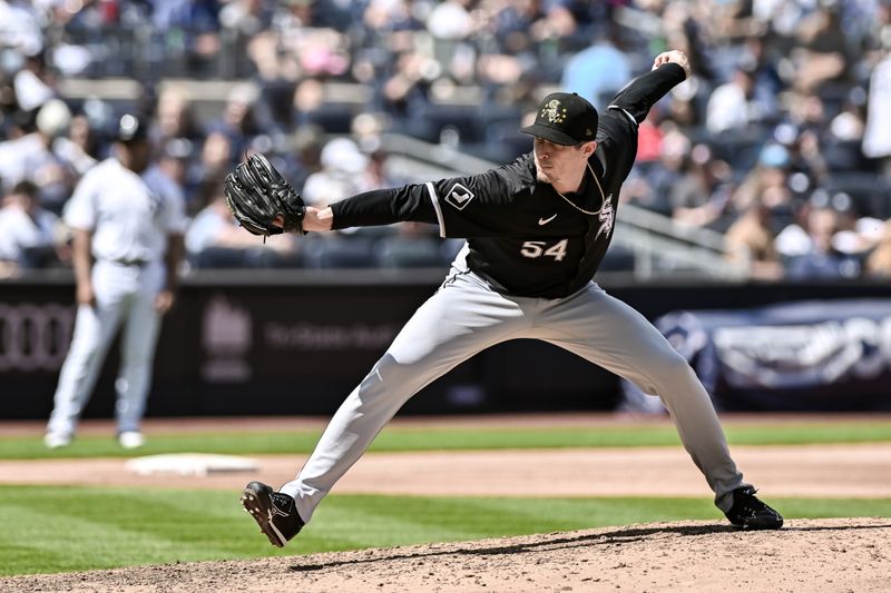 May 19, 2024; Bronx, New York, USA; Chicago White Sox pitcher Tim Hill (54) pitches against the New York Yankees during the fifth inning at Yankee Stadium. Mandatory Credit: John Jones-USA TODAY Sports