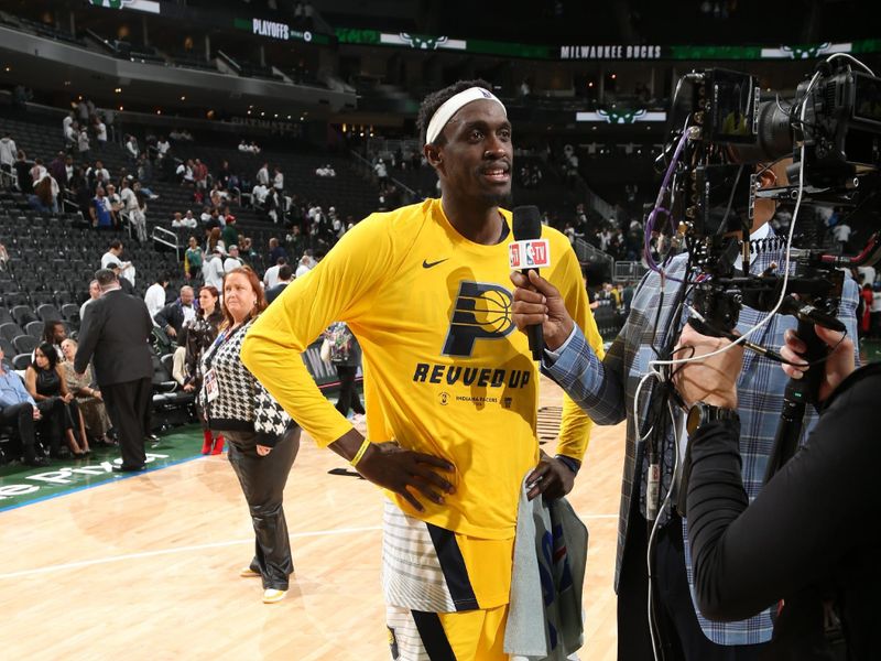 MILWAUKEE, WI - APRIL 23: Pascal Siakam #43 of the Indiana Pacers talks to the media after the game against the Milwaukee Bucks during Round One Game Two of the 2024 NBA Playoffs on April 23, 2024 at the Fiserv Forum Center in Milwaukee, Wisconsin. NOTE TO USER: User expressly acknowledges and agrees that, by downloading and or using this Photograph, user is consenting to the terms and conditions of the Getty Images License Agreement. Mandatory Copyright Notice: Copyright 2024 NBAE (Photo by Gary Dineen/NBAE via Getty Images).