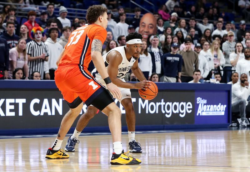 Feb 14, 2023; University Park, Pennsylvania, USA; Penn State Nittany Lions guard Jalen Pickett (22) holds the ball as Illinois Fighting Illini forward Coleman Hawkins (33) defends during the first half at Bryce Jordan Center. Mandatory Credit: Matthew OHaren-USA TODAY Sports