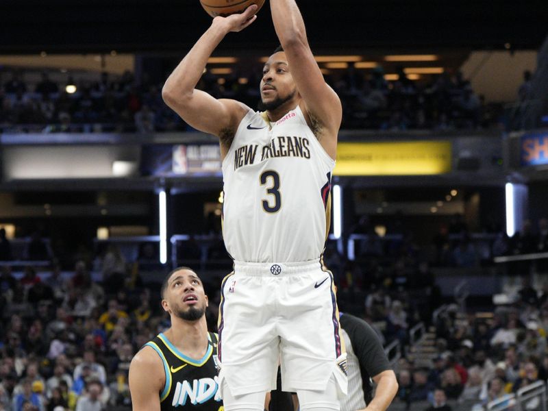 INDIANAPOLIS, IN - FEBRUARY 28: CJ McCollum #3 of the New Orleans Pelicans shoots the ball during the game against the Indiana Pacers on February 28, 2024 at Gainbridge Fieldhouse in Indianapolis, Indiana. NOTE TO USER: User expressly acknowledges and agrees that, by downloading and or using this Photograph, user is consenting to the terms and conditions of the Getty Images License Agreement. Mandatory Copyright Notice: Copyright 2024 NBAE (Photo by Jeff Dean/NBAE via Getty Images)