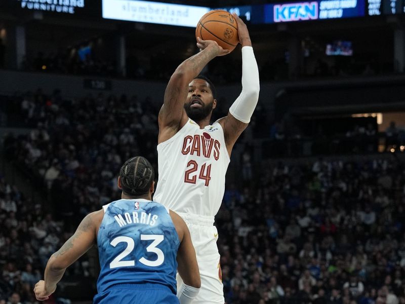 MINNEAPOLIS, MN -  MARCH 22: Marcus Morris Sr. #24 of the Cleveland Cavaliers shoots the ball during the game against the Minnesota Timberwolves on March 22, 2024 at Target Center in Minneapolis, Minnesota. NOTE TO USER: User expressly acknowledges and agrees that, by downloading and or using this Photograph, user is consenting to the terms and conditions of the Getty Images License Agreement. Mandatory Copyright Notice: Copyright 2024 NBAE (Photo by Jordan Johnson/NBAE via Getty Images)