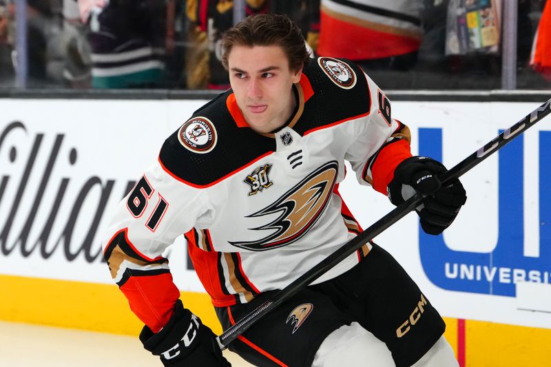 Apr 18, 2024; Las Vegas, Nevada, USA; Anaheim Ducks left wing Cutter Gauthier (61) takes a rookie lap before the start of a game against the Vegas Golden Knights at T-Mobile Arena. Mandatory Credit: Stephen R. Sylvanie-USA TODAY Sports