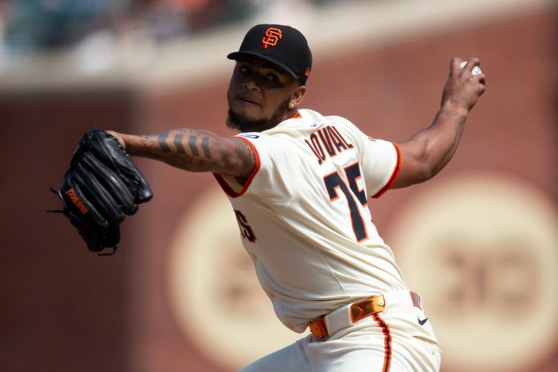 Jun 8, 2025; San Francisco, California, USA; San Francisco Giants pitcher Camilo Doval (75) delivers a pitch against the Atlanta Braves during the ninth inning at Oracle Park. Mandatory Credit: D. Ross Cameron-Imagn Images