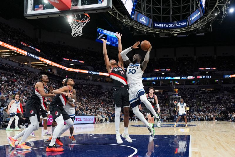 MINNEAPOLIS, MN -  NOVEMBER 8: Julius Randle #30 of the Minnesota Timberwolves shoots the ball during the game against the Portland Trail Blazers on November 8, 2024 at Target Center in Minneapolis, Minnesota. NOTE TO USER: User expressly acknowledges and agrees that, by downloading and or using this Photograph, user is consenting to the terms and conditions of the Getty Images License Agreement. Mandatory Copyright Notice: Copyright 2024 NBAE (Photo by Jordan Johnson/NBAE via Getty Images)