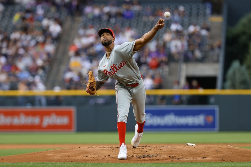 May 24, 2024; Denver, Colorado, USA; Philadelphia Phillies starting pitcher Cristopher Sanchez (61) pitches in the first inning against the Colorado Rockies at Coors Field. Mandatory Credit: Isaiah J. Downing-USA TODAY Sports