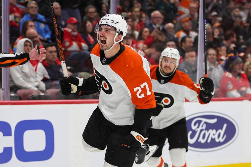 Feb 6, 2024; Sunrise, Florida, USA; Philadelphia Flyers left wing Noah Cates (27) celebrates after scoring against the Florida Panthers during the third period at Amerant Bank Arena. Mandatory Credit: Sam Navarro-USA TODAY Sports