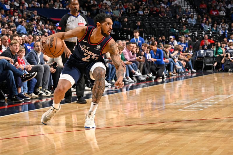 PHILADELPHIA, PA - APRIL 9: Cameron Payne #22 of the Philadelphia 76ers dribbles the ball during the game against the Detroit Pistons on April 9, 2024 at the Wells Fargo Center in Philadelphia, Pennsylvania NOTE TO USER: User expressly acknowledges and agrees that, by downloading and/or using this Photograph, user is consenting to the terms and conditions of the Getty Images License Agreement. Mandatory Copyright Notice: Copyright 2024 NBAE (Photo by David Dow/NBAE via Getty Images)