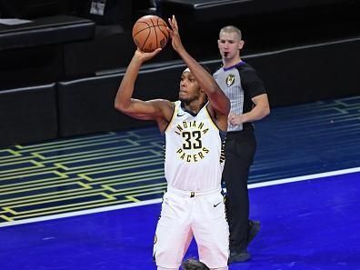 LAS VEGAS, NV - DECEMBER 9: Myles Turner #33 of the Indiana Pacers shoots the ball during the game against the Los Angeles Lakers during the In-Season Tournament Championship game on December 9, 2023 at T-Mobile Arena in Las Vegas, Nevada. NOTE TO USER: User expressly acknowledges and agrees that, by downloading and or using this photograph, User is consenting to the terms and conditions of the Getty Images License Agreement. Mandatory Copyright Notice: Copyright 2023 NBAE (Photo by Juan Ocampo/NBAE via Getty Images)