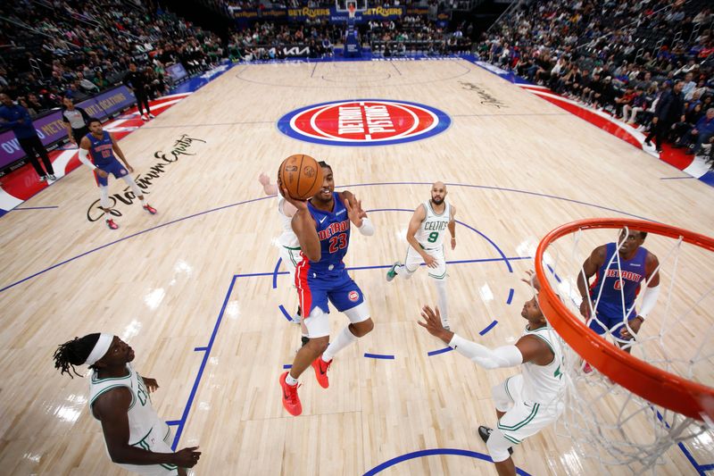 DETROIT, MI - OCTOBER 26: Jaden Ivey #23 of the Detroit Pistons shoots the ball during the game against the Boston Celtics  during a regular season game on October 26, 2024 at Little Caesars Arena in Detroit, Michigan. NOTE TO USER: User expressly acknowledges and agrees that, by downloading and/or using this photograph, User is consenting to the terms and conditions of the Getty Images License Agreement. Mandatory Copyright Notice: Copyright 2024 NBAE (Photo by Brian Sevald/NBAE via Getty Images)