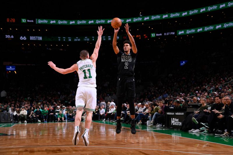 BOSTON, MA - FEBRUARY 14: Cameron Johnson #2 of the Brooklyn Nets shoots a three point basket during the game against the Boston Celtics on February 14, 2024 at the TD Garden in Boston, Massachusetts. NOTE TO USER: User expressly acknowledges and agrees that, by downloading and or using this photograph, User is consenting to the terms and conditions of the Getty Images License Agreement. Mandatory Copyright Notice: Copyright 2024 NBAE  (Photo by Brian Babineau/NBAE via Getty Images)