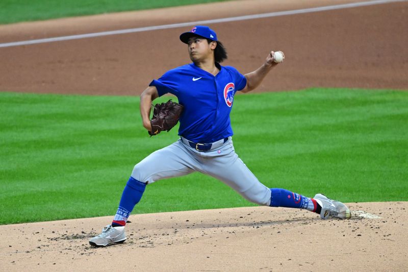 May 29, 2024; Milwaukee, Wisconsin, USA; Chicago Cubs starting pitcher Shota Imanaga (18) pitches in the first inning against the Milwaukee Brewers at American Family Field. Mandatory Credit: Benny Sieu-USA TODAY Sports