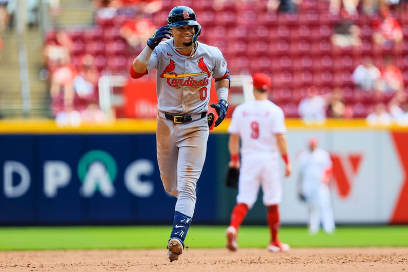 Apr 30, 2025; Cincinnati, Ohio, USA; St. Louis Cardinals shortstop Masyn Winn (0) reacts after hitting a solo home run in the ninth inning against the Cincinnati Reds at Great American Ball Park. Mandatory Credit: Katie Stratman-Imagn Images