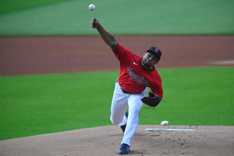 Jul 23, 2024; Cleveland, Ohio, USA; Cleveland Guardians starting pitcher Xzavion Curry (44) delivers a pitch in the first inning against the Detroit Tigers at Progressive Field. Mandatory Credit: David Richard-USA TODAY Sports