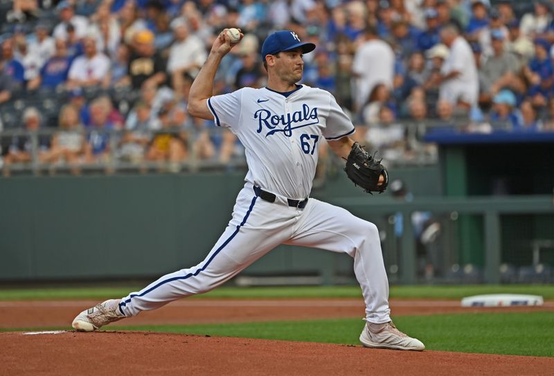 Jul 27, 2024; Kansas City, Missouri, USA;  Kansas City Royals starting pitcher Seth Lugo (67) delivers a pitch in the first inning against the Chicago Cubs at Kauffman Stadium. Mandatory Credit: Peter Aiken-USA TODAY Sports