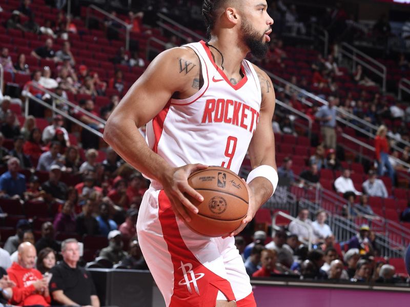 HOUSTON, TX - OCTOBER 15: Dillon Brooks #9 of the Houston Rockets handles the ball during the game against the New Orleans Pelicans during a NBA preseason game on October 15, 2024 at the Toyota Center in Houston, Texas. NOTE TO USER: User expressly acknowledges and agrees that, by downloading and or using this photograph, User is consenting to the terms and conditions of the Getty Images License Agreement. Mandatory Copyright Notice: Copyright 2024 NBAE (Photo by Logan Riely/NBAE via Getty Images)