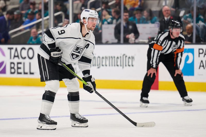 Apr 4, 2024; San Jose, California, USA; Los Angeles Kings right wing Adrian Kempe (9) watches the play against the San Jose Sharks during the third period at SAP Center at San Jose. Mandatory Credit: Robert Edwards-USA TODAY Sports