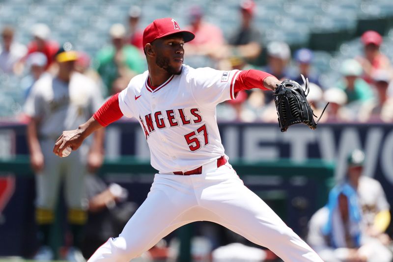 Jun 26, 2024; Anaheim, California, USA;  Los Angeles Angels starting pitcher Roansy Contreras (57) throws against the Oakland Athletics during the first inning at Angel Stadium. Mandatory Credit: Kiyoshi Mio-USA TODAY Sports