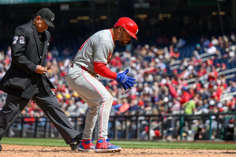 Apr 7, 2024; Washington, District of Columbia, USA; Philadelphia Phillies second base Edmundo Sosa (33) celebrates after hitting a home run during the fifth inning against the Washington Nationals at Nationals Park. Mandatory Credit: Reggie Hildred-USA TODAY Sports