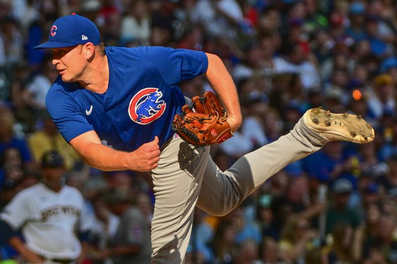 Oct 1, 2023; Milwaukee, Wisconsin, USA; Chicago Cubs pitcher Tyler Duffy (65) pitches against the Milwaukee Brewers in the sixth inning at American Family Field. Mandatory Credit: Benny Sieu-USA TODAY Sports