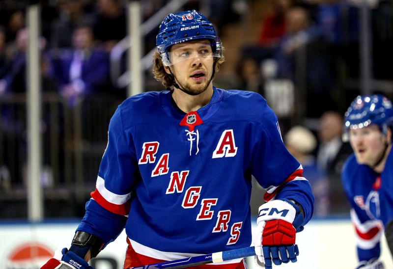 Nov 25, 2024; New York, New York, USA; New York Rangers left wing Artemi Panarin (10) skates against the St. Louis Blues during the first period at Madison Square Garden. Mandatory Credit: Danny Wild-Imagn Images