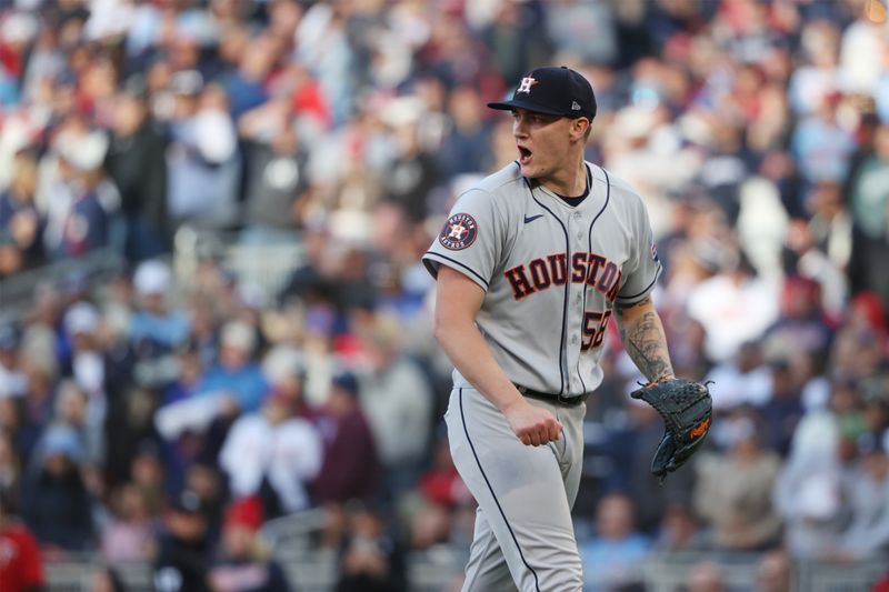 Oct 10, 2023; Minneapolis, Minnesota, USA; Houston Astros starting pitcher Hunter Brown (58) celebrates a play in the sixth inning against the Minnesota Twins during game three of the ALDS for the 2023 MLB playoffs at Target Field. Mandatory Credit: Jesse Johnson-USA TODAY Sports