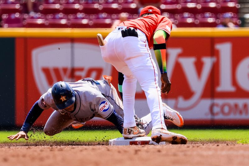 Sep 5, 2024; Cincinnati, Ohio, USA; Houston Astros shortstop Jeremy Pena (3) steals second against Cincinnati Reds shortstop Elly De La Cruz (44) in the second inning at Great American Ball Park. Mandatory Credit: Katie Stratman-Imagn Images