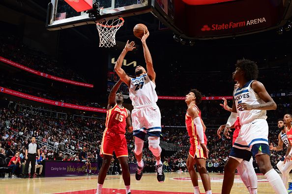 ATLANTA, GA - OCTOBER 30: Rudy Gobert #27 of the Minnesota Timberwolves drives to the basket during the game against the Atlanta Hawks on October 30, 2023 at State Farm Arena in Atlanta, Georgia.  NOTE TO USER: User expressly acknowledges and agrees that, by downloading and/or using this Photograph, user is consenting to the terms and conditions of the Getty Images License Agreement. Mandatory Copyright Notice: Copyright 2023 NBAE (Photo by Scott Cunningham/NBAE via Getty Images)