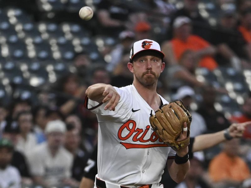 Apr 15, 2024; Baltimore, Maryland, USA;  Baltimore Orioles third baseman Jordan Westburg throws to first base during the third inning against the Minnesota Twins at Oriole Park at Camden Yards. Mandatory Credit: Tommy Gilligan-USA TODAY Sports