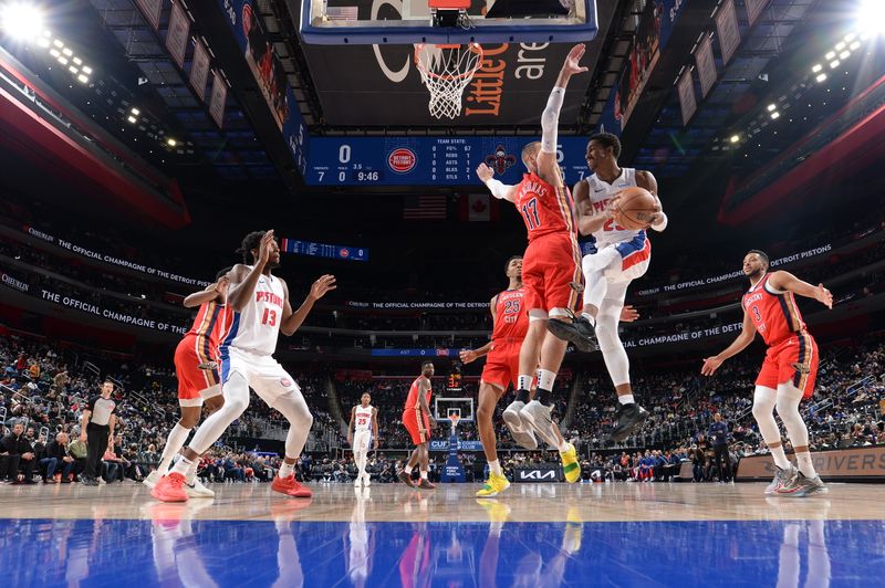 DETROIT, MI - MARCH 24: Jaden Ivey #23 of the Detroit Pistons drives to the basket during the game against the New Orleans Pelicans on March 24, 2024 at Little Caesars Arena in Detroit, Michigan. NOTE TO USER: User expressly acknowledges and agrees that, by downloading and/or using this photograph, User is consenting to the terms and conditions of the Getty Images License Agreement. Mandatory Copyright Notice: Copyright 2024 NBAE (Photo by Chris Schwegler/NBAE via Getty Images)