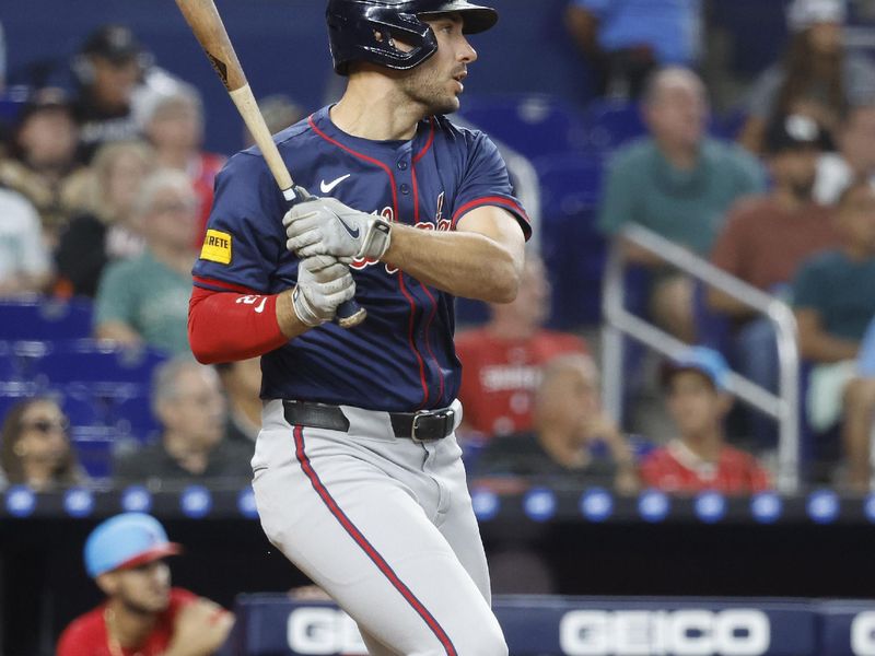 Sep 21, 2024; Miami, Florida, USA;  Atlanta Braves first baseman Matt Olson (28) bats against the Miami Marlins in the fifth inning at loanDepot Park. Mandatory Credit: Rhona Wise-Imagn Images