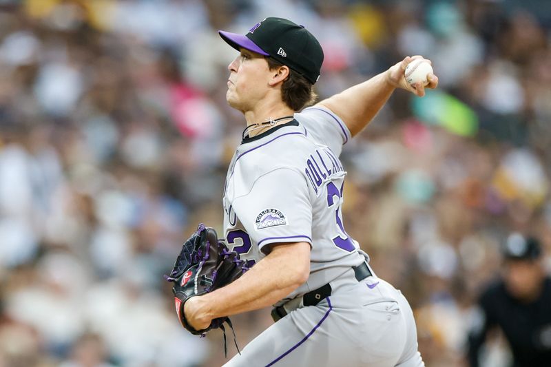 Apr 12, 2025; San Diego, California, USA; Colorado Rockies starting pitcher Chase Dollander (32) throws a pitch during the third inning against the against the San Diego Padres at Petco Park. Mandatory Credit: David Frerker-Imagn Images