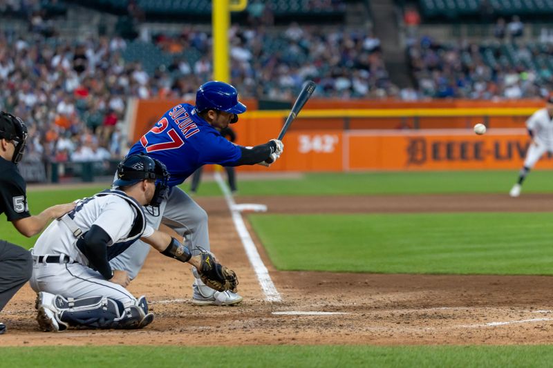 Aug 22, 2023; Detroit, Michigan, USA; Chicago Cubs right fielder Seiya Suzuki (27) grounds out to third base to end fifth inning against the Detroit Tigers at Comerica Park. Mandatory Credit: David Reginek-USA TODAY Sports