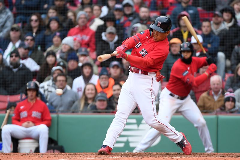 Apr 5, 2023; Boston, Massachusetts, USA; Boston Red Sox left fielder Masataka Yoshida (7) bats during the ninth inning against the Pittsburgh Pirates at Fenway Park. Mandatory Credit: Eric Canha-USA TODAY Sports