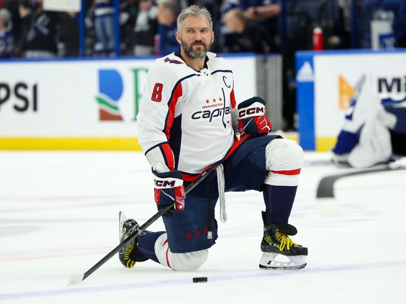 Feb 22, 2024; Tampa, Florida, USA;  Washington Capitals left wing Alex Ovechkin (8) warms up before a game against the before a game against the Tampa Bay Lightning at Amalie Arena. Mandatory Credit: Nathan Ray Seebeck-USA TODAY Sports