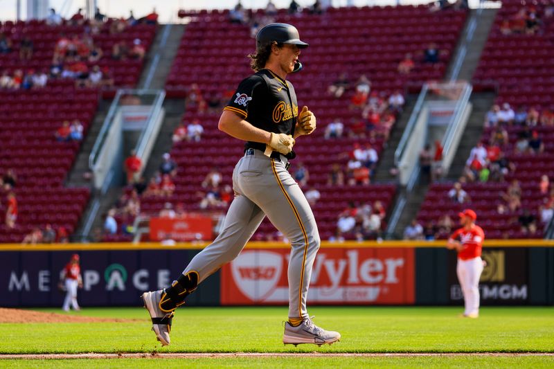 Sep 21, 2024; Cincinnati, Ohio, USA; Pittsburgh Pirates outfielder Billy Cook (28) runs the bases after hitting a solo home run in the ninth inning against the Cincinnati Reds at Great American Ball Park. Mandatory Credit: Katie Stratman-Imagn Images