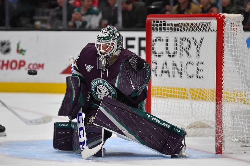 Dec 23, 2023; Anaheim, California, USA; Anaheim Ducks goaltender Lukas Dostal (1) defends the goal against the Seattle Kraken during the first period at Honda Center. Mandatory Credit: Gary A. Vasquez-USA TODAY Sports