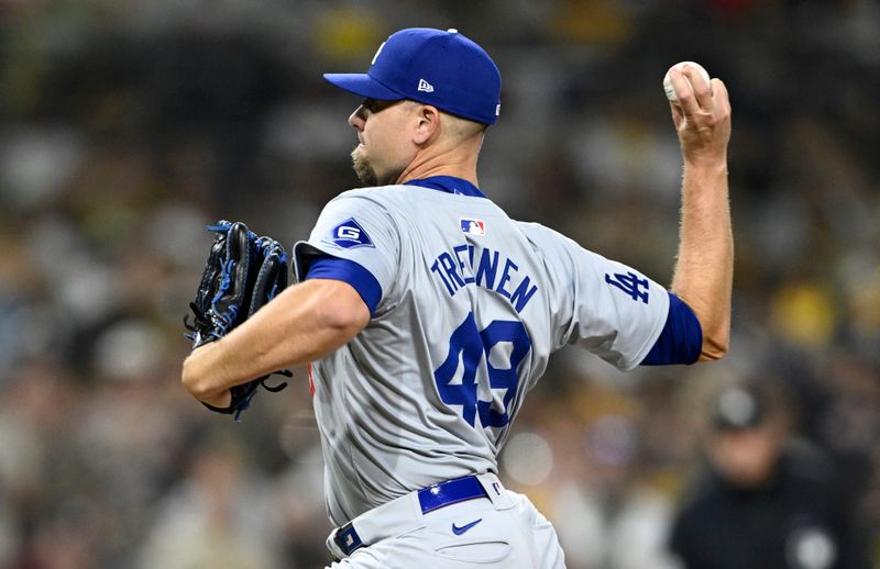 Oct 9, 2024; San Diego, California, USA; Los Angeles Dodgers pitcher Blake Treinen (49) throws in the eighth inning against the San Diego Padres during game four of the NLDS for the 2024 MLB Playoffs at Petco Park.  Mandatory Credit: Denis Poroy-Imagn Images