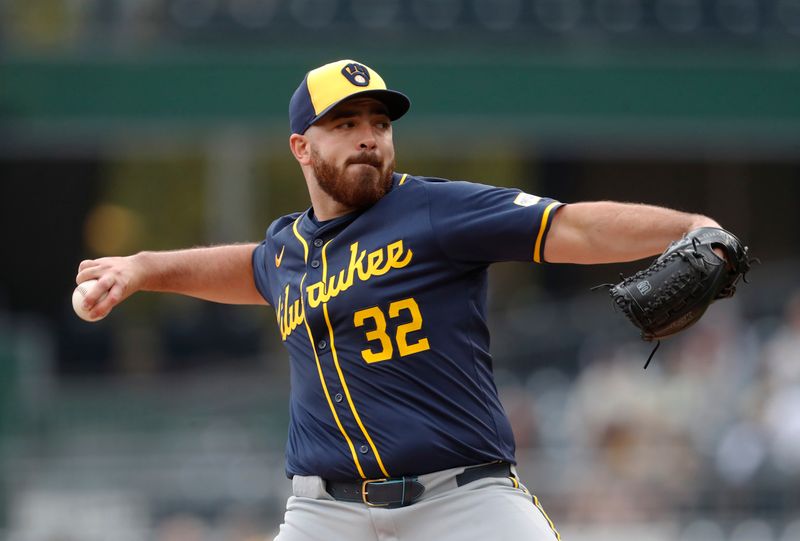 Sep 26, 2024; Pittsburgh, Pennsylvania, USA;  Milwaukee Brewers starting pitcher Aaron Civale (32) delivers a pitch against the Pittsburgh Pirates during the first inning at PNC Park. Mandatory Credit: Charles LeClaire-Imagn Images