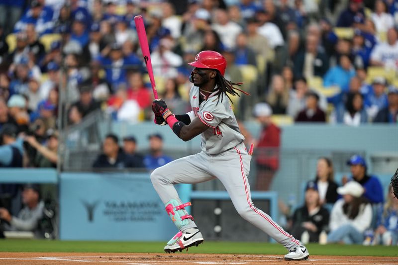 May 16, 2024; Los Angeles, California, USA; Cincinnati Reds shortstop Elly De La Cruz (44) hits a single in the first inning against the Los Angeles Dodgers at Dodger Stadium. Mandatory Credit: Kirby Lee-USA TODAY Sports