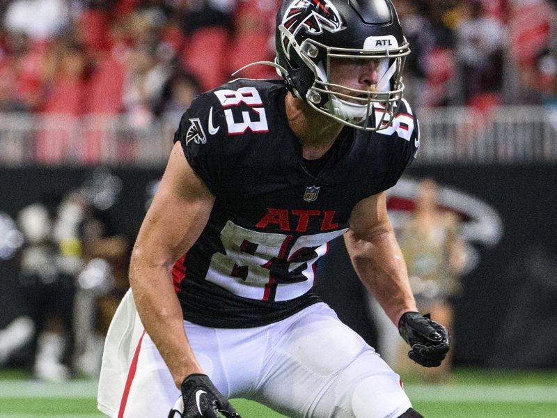 Atlanta Falcons wide receiver Jared Bernhardt (83) lines up during the second half of an NFL football game against the Jacksonville Jaguars, Saturday, Aug. 27, 2022, in Atlanta. The Atlanta Falcons won 28-12. (AP Photo/Danny Karnik)