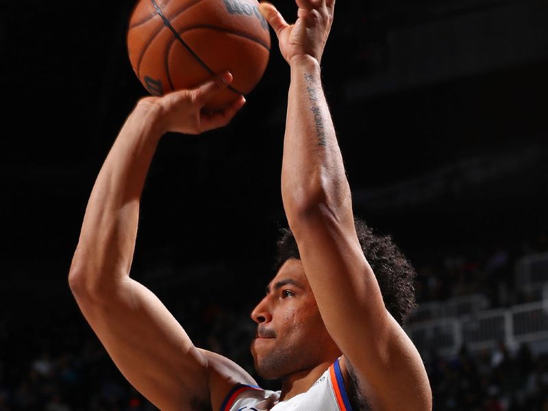 BROOKLYN, NY - JANUARY 23: Quentin Grimes #6 of the New York Knicks shoots the ball during the game against the Brooklyn Nets on January 23, 2024 at Barclays Center in Brooklyn, New York. NOTE TO USER: User expressly acknowledges and agrees that, by downloading and or using this Photograph, user is consenting to the terms and conditions of the Getty Images License Agreement. Mandatory Copyright Notice: Copyright 2024 NBAE (Photo by David Nemec/NBAE via Getty Images)