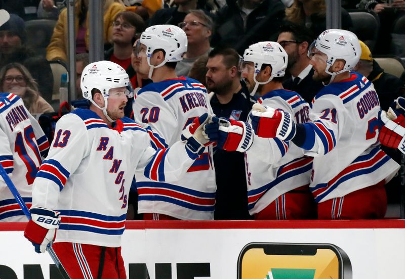 Nov 22, 2023; Pittsburgh, Pennsylvania, USA; New York Rangers left wing Alexis Lafreniere (13) celebrates with the New York bench after scoring a goal against the Pittsburgh Penguins during the first period at PPG Paints Arena. Mandatory Credit: Charles LeClaire-USA TODAY Sports