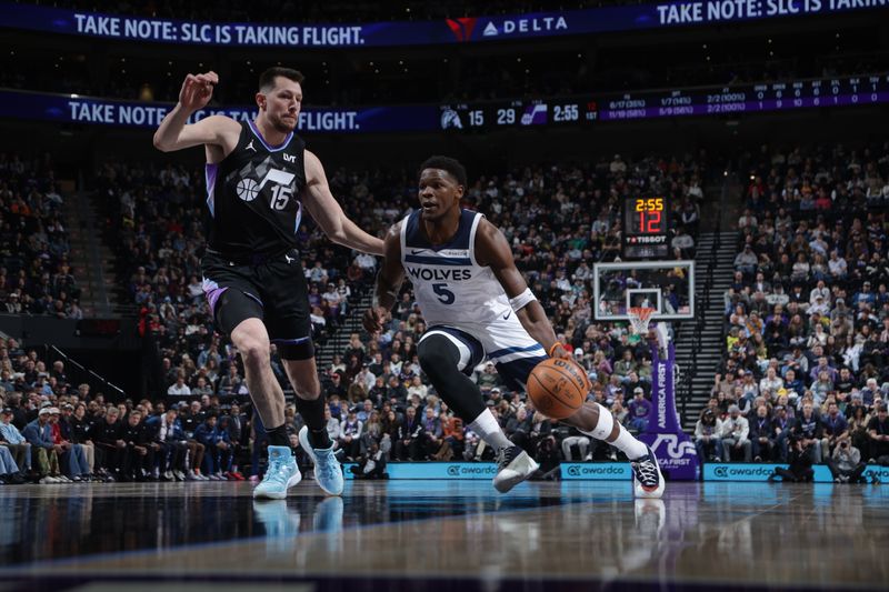 SALT LAKE CITY, UT - JANUARY 30: Anthony Edwards #5 of the Minnesota Timberwolves dribbles the ball during the game against the Utah Jazz on January 30, 2025 at Delta Center in Salt Lake City, Utah. NOTE TO USER: User expressly acknowledges and agrees that, by downloading and or using this Photograph, User is consenting to the terms and conditions of the Getty Images License Agreement. Mandatory Copyright Notice: Copyright 2025 NBAE (Photo by Melissa Majchrzak/NBAE via Getty Images)