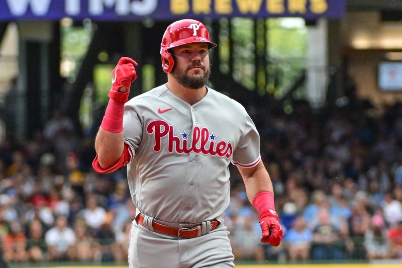 Sep 2, 2023; Milwaukee, Wisconsin, USA; Philadelphia Phillies left fielder Kyle Schwarber (12) reacts after hitting a solo home run in the first inning against the Milwaukee Brewers at American Family Field. Mandatory Credit: Benny Sieu-USA TODAY Sports