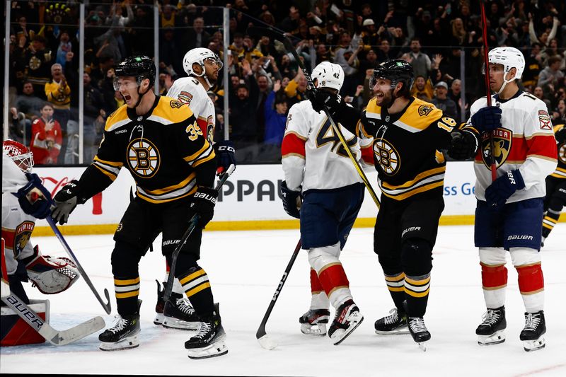 Mar 11, 2025; Boston, Massachusetts, USA; Boston Bruins center Pavel Zacha (18) and center Morgan Geekie (39) celebrate Zacha’s go ahead goal against the Florida Panthers during the third period at TD Garden. Mandatory Credit: Winslow Townson-Imagn Images