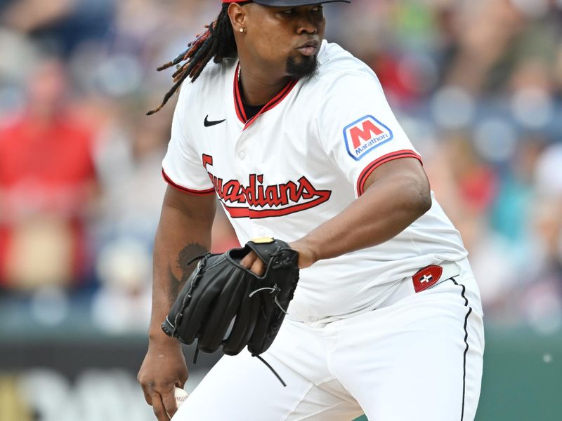 Jun 9, 2025; Cleveland, Ohio, USA; Cleveland Guardians starting pitcher Luis Ortiz (45) throws a pitch during the first inning against the Cincinnati Reds at Progressive Field. Mandatory Credit: Ken Blaze-Imagn Images