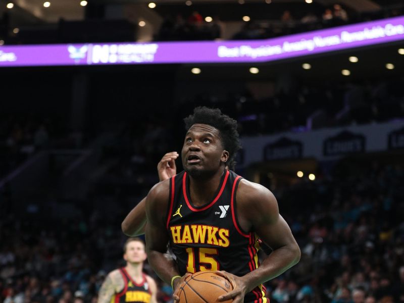 CHARLOTTE, NC - NOVEMBER 30: Clint Capela #15 of the Atlanta Hawks drives to the basket during the game against the Charlotte Hornets on November 30, 2024 at Spectrum Center in Charlotte, North Carolina. NOTE TO USER: User expressly acknowledges and agrees that, by downloading and or using this photograph, User is consenting to the terms and conditions of the Getty Images License Agreement. Mandatory Copyright Notice: Copyright 2024 NBAE (Photo by Brock Williams-Smith/NBAE via Getty Images) 